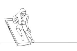 Single continuous line drawing american football player running getting out of smartphone screen. Mobile sports play matches. Online american football game mobile app. One line draw design vector