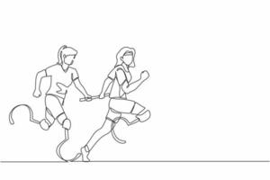 dibujo de una sola línea continua dos corredores discapacitados con prótesis de pierna, mujeres discapacitadas, atletas amputados, amputados corriendo en carrera de relevos entregando el bastón. vector de diseño gráfico de dibujo de una línea