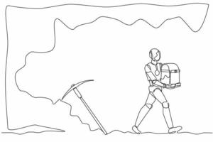 Continuous one line drawing robot carrying treasure chest from underground. Humanoid robot cybernetic organism. Future robotics development concept. Single line draw design vector graphic illustration