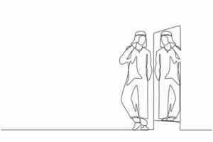 Single one line drawing Arab businessman choosing Arabian clothes for business meeting. Man trying on clothes. Guy with style. Mirror with male reflection. Continuous line draw design graphic vector