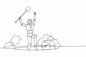 Continuous one line drawing happy robot lifting shovel and finding chest treasure. Humanoid robot cybernetic organism. Future robotics development. Single line draw design vector graphic illustration