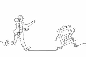 Single continuous line drawing businesswoman run chasing try to catch clipboard. Manager being chased by work deadline. Running out of time. Business metaphor. One line draw design vector illustration