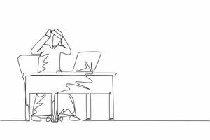 Single one line drawing scary frustrated frightened Arabian businessman clerk manager stands at laptop, holding head. Office overload, mental stress. Continuous line design graphic vector illustration