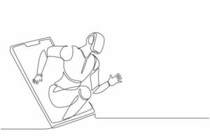 Single continuous line drawing robots come out from cellular phone with runner pose. Modern robotics artificial intelligence technology. Electronic technology industry. One line graphic design vector