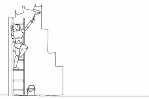 Single continuous line drawing robot painter standing on staircase paints wall with paint roller. Robotic artificial intelligence. Electronic technology. One line graphic design vector illustration