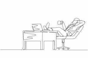 Single continuous line drawing businesswoman work relaxed at desk and drink cup of coffee. Flat design of employee character working with laptop computer. One line draw graphic vector illustration