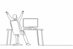 Single continuous line drawing back view happy man completed task and triumphing with raised hands on the his workplace. Successful well done work. Completed task. One line draw graphic design vector