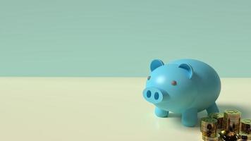 blue Piggy bank and gold coins 3d rendering for business content. photo