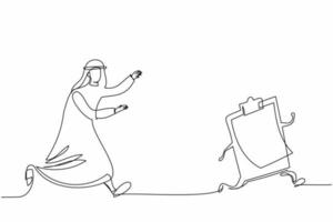 Single continuous line drawing Arab businessman chasing clipboard. Paperwork, filing checklist. Arabian manager signing document. Business metaphor. One line draw graphic design vector illustration