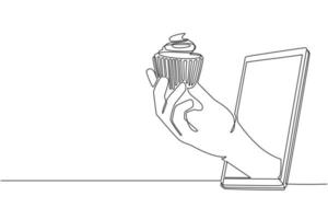 Single continuous line drawing hand holding cupcake through mobile phone. Concept of restaurant order delivery online food. Application for smartphone. one line draw graphic design vector illustration