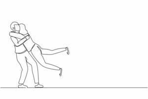 Single one line drawing happy couple hugging and encircling their lovers with arms. Cute woman jumping into man embrace. Relationship, love, dating concept. Continuous line draw design graphic vector