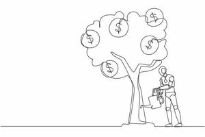 árbol de riego de robot de dibujo de línea continua única con símbolo de dólar de monedas. crecimiento de las ganancias inteligencia artificial robótica. tecnología electrónica. ilustración de vector de diseño gráfico de dibujo de una línea