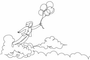 Continuous one line drawing happy wealthy businesswoman flying with balloon air in the sky. Office worker achieve financial independence. Single line design vector graphic illustration illustration
