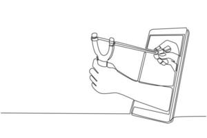 Single one line drawing hand holding wooden slingshot through mobile phone. Concept of video games, e-sport, entertainment application for smartphones. Continuous line draw design vector illustration