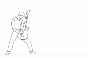 Continuous one line drawing young male musician playing electric guitar. Man practicing in playing guitar. Guitarist perform playing music instrument on stage. Single line design vector illustration