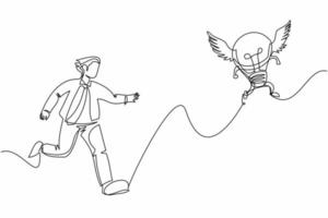 Single continuous line drawing businessman run chasing try to catch flying light bulb. Searching inspiration, creative idea, success. Business metaphor. One line graphic design vector illustration