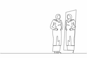 Single one line drawing Arabian businesswoman standing in front of mirror and see herself getting big belly with holding her stomach. Oversized and obesity. Continuous line draw design graphic vector