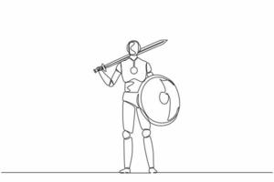 Single continuous line drawing robots standing holding sword and shield. Modern robotics artificial intelligence technology. Electronic technology industry. One line graphic design vector illustration