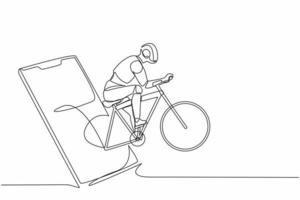 Single continuous line drawing robots come out from cellular phone and pedaling a road bike. Modern robotics artificial intelligence technology. Electronic technology. One line graphic design vector