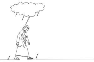 Single one line drawing unhappy depressed sad Arabian businessman in stress walking under rain cloud. Alone loser male depression. Loneliness in overcast weather. Continuous line design graphic vector