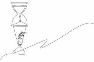 Continuous one line drawing robots using monocular, flying with hot air balloon hourglass. Humanoid robot cybernetic organism. Future robotics development. Single line draw design vector illustration