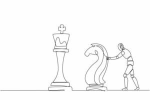 Continuous one line drawing robots push huge knight horse chess piece to take down king. Humanoid robot cybernetic organism. Future robotics development concept. Single line draw design vector graphic