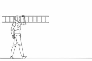 Single continuous line drawing robot repairman walking with ladder. Renovation home. Robotic artificial intelligence. Electronic technology industry. One line draw graphic design vector illustration