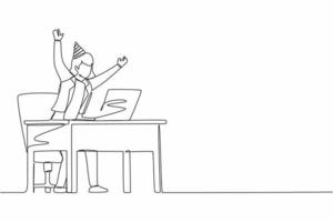 Single continuous line drawing success in work, winning online, technology concept. Female stands in office with hand raised opposite computer screen celebrating success. One line draw design vector