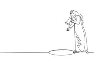 Single continuous line drawing Arabian businessman scream into pit hole. Man wondering and looking at big hole, business concept in opportunity, exploration or challenge. One line draw design vector