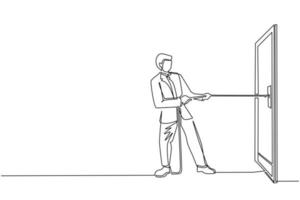 Single continuous line drawing businessman pulling rope to drag door, metaphor to facing big problem. Business struggles. Strength for success. Dynamic one line draw graphic design vector illustration