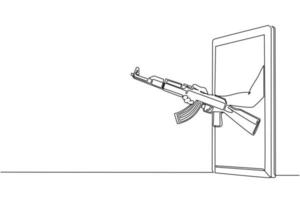 mano de dibujo de una sola línea sosteniendo un rifle de asalto kalashnikov ak 47 a través del teléfono móvil. concepto de videojuegos de batalla, e-sport, aplicación de entretenimiento para smartphones. vector de diseño de dibujo de línea continua