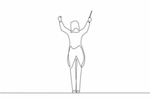 Single continuous line drawing back view woman conductor performing on stage, female musician in tuxedo directing classic instrumental symphony orchestra. One line graphic design vector illustration