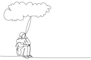 Single continuous line drawing Arabic businesswoman feeling sad, depression sitting under rain and cloud. Unhappy depressed loneliness sad worker in stress with problem. One line graphic design vector