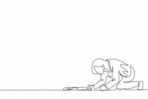 Single continuous line drawing depressed businesswoman with briefcase crawling in despair on floor. Frustrated office worker mental health problems. One line draw graphic design vector illustration