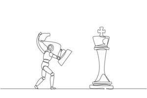 Continuous one line drawing robots holding knight chess piece to beat king chess. Humanoid robot cybernetic organism. Future robotics development. Single line draw design vector graphic illustration