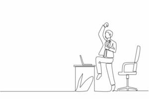 Single one line drawing happy businessman jumping and dancing on the his workplace. Male manager celebrating success of increasing company's product sales. Continuous line draw design graphic vector