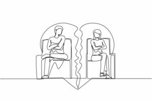 Single continuous line drawing unhappy stubborn couple sit separate on cut couch have family fight or quarrel. Angry mad man and woman lovers avoid ignore talking. One line draw graphic design vector