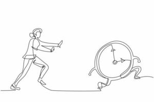 Single one line drawing stressed businesswoman chasing time or clock. Office worker being chased by work deadlines. Running out of time. Modern continuous line draw design graphic vector illustration