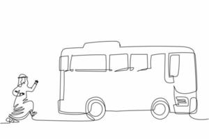 Single one line drawing Arab businessman running chasing bus. Male manager running for an outgoing bus. Latecomer office worker running to reach a bus. Continuous line draw design vector illustration