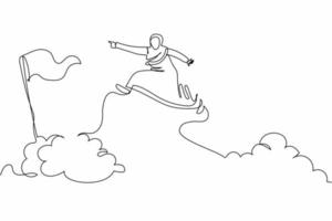 Single continuous line drawing attractive Arabian businesswoman jump and leap over clouds to reach success business target flag. Challenge career path. One line draw graphic design vector illustration