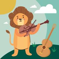 león tocando el violín y la guitarra vector