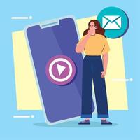 mujer con smartphone redes sociales vector