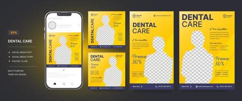 Dental care social media post, story and poster flyer design template with handphone mockup vector