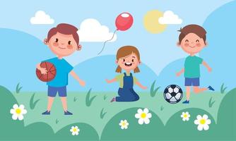 little kids playing in landscape vector