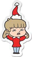 sticker cartoon of a worried woman wearing santa hat vector