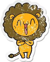 distressed sticker of a happy cartoon lion vector