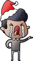 gradient cartoon of a crying man wearing santa hat vector