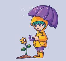 lindo niño con impermeable y paraguas mirando la flor. ilustración de persona de dibujos animados aislado. vector de elemento de etiqueta de estilo plano