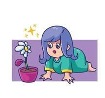 linda niña mirando la flor. ilustración de persona de dibujos animados aislado. vector de elemento de etiqueta de estilo plano