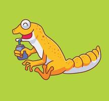 lindo lagarto gecko bebiendo. ilustración de animales aislados. vector premium de icono de etiqueta de estilo plano